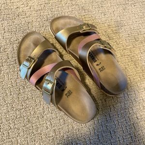 Birkenstock Salina Sz 39 8 8.5 Gold and Metallic Pink Suede Leather & Birko Flor